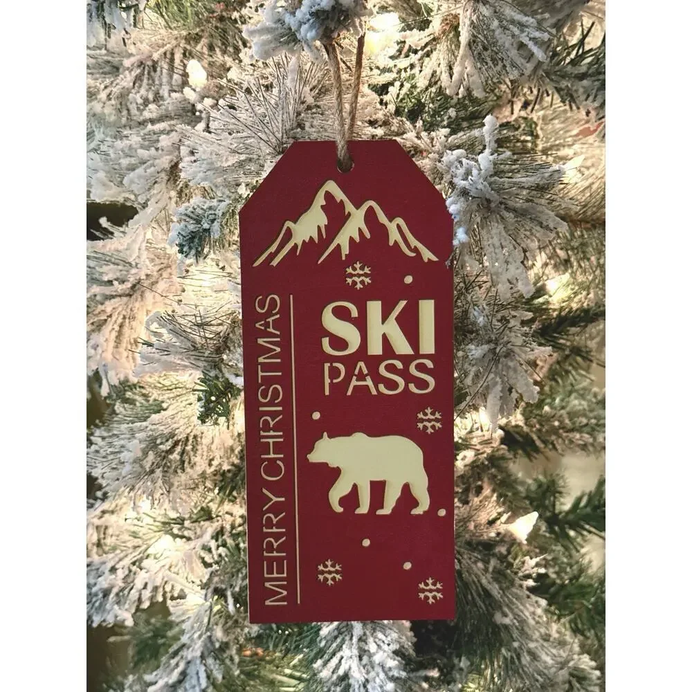 NEW Set of 5 Merry Christmas Wooden “Ski Lift Pass” Ornament Rustic Cabin Lodge